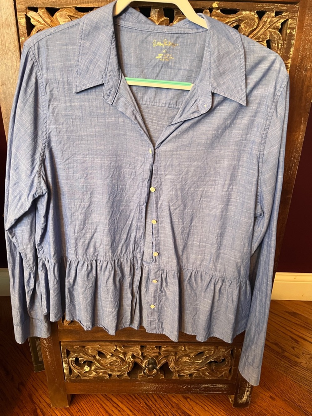 Blue Button-Front Peplum Shirt